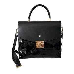 Gunas Simone Black Vegan Leather Handbag Satchel Bag Medium Purse Crossbody